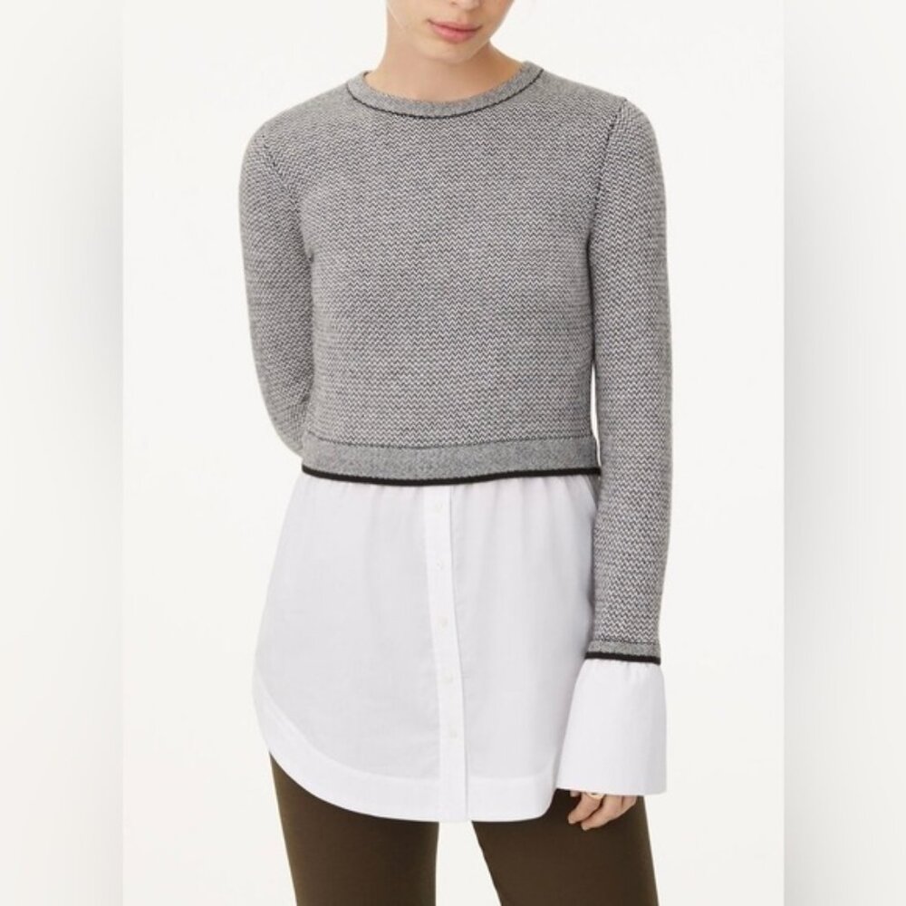 Club Monaco Berdine Women Sweater S/P Gray Layered Shirt Hem Preppy Chic Office